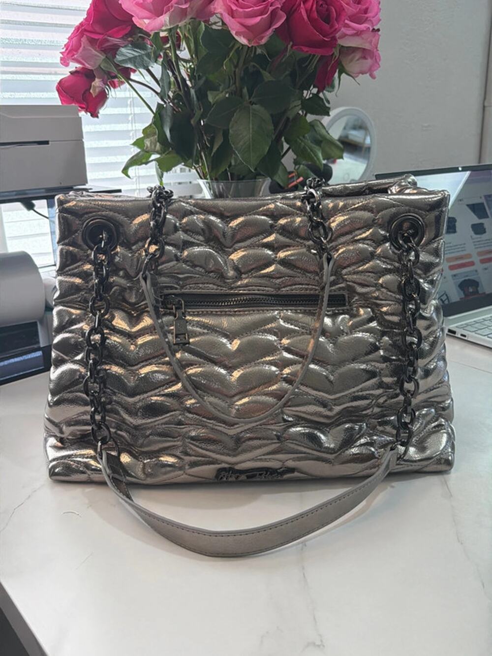 Betsey Johnson Metallic Quilted Heart Chain Strap Shoulder Bag